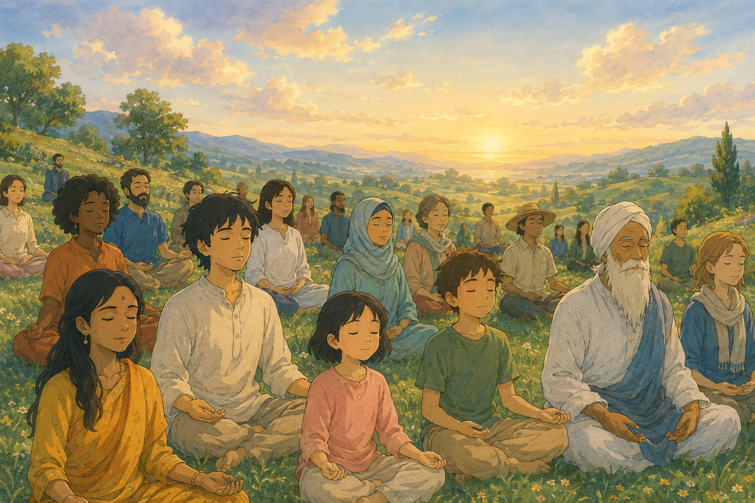 A diverse group of people meditating together in a peaceful sunlit field, in warm Studio Ghibli style